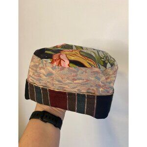 Vintage Handcrafted Multicolor Fabric Hat With Floral Pattern & Striped Details